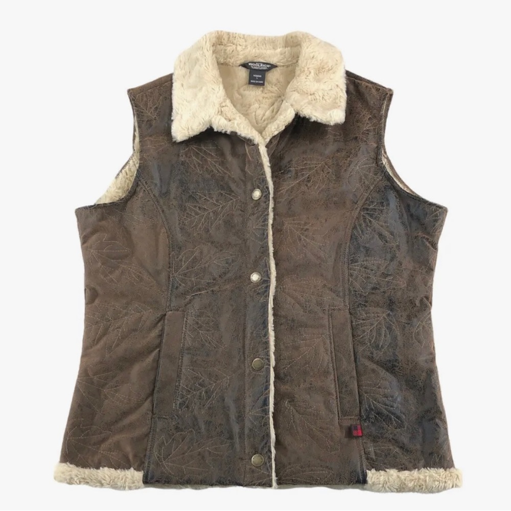 Women’s Woolrich saddle Vest Faux Leather Sherpa Lined Lead Embroidery